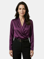 Womens High-Sheen Satin Blouse | Elegant Draped Crossover Long Sleeve Top 3