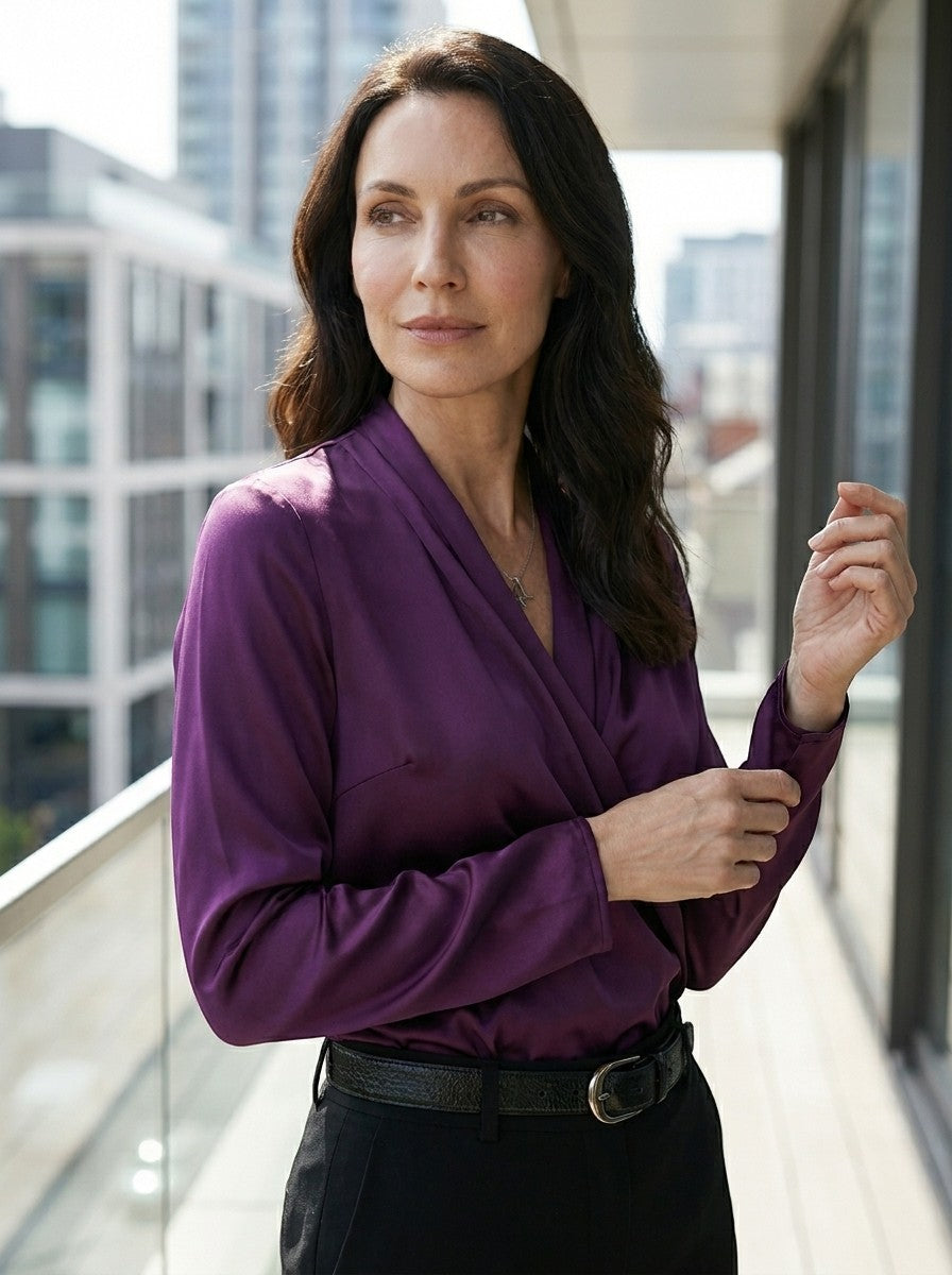 Womens High-Sheen Satin Blouse | Elegant Draped Crossover Long Sleeve Top 1