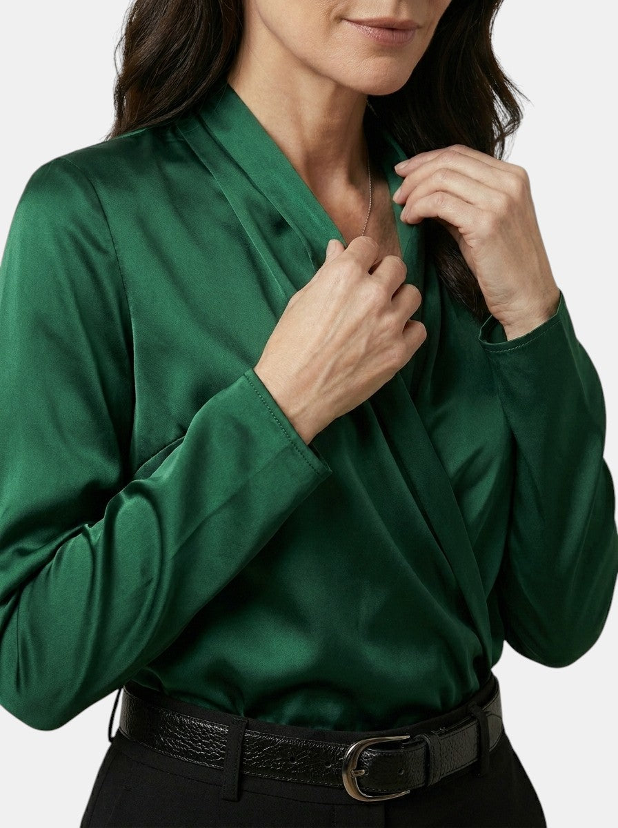 Womens High-Sheen Satin Blouse | Elegant Draped Crossover Long Sleeve Top 6