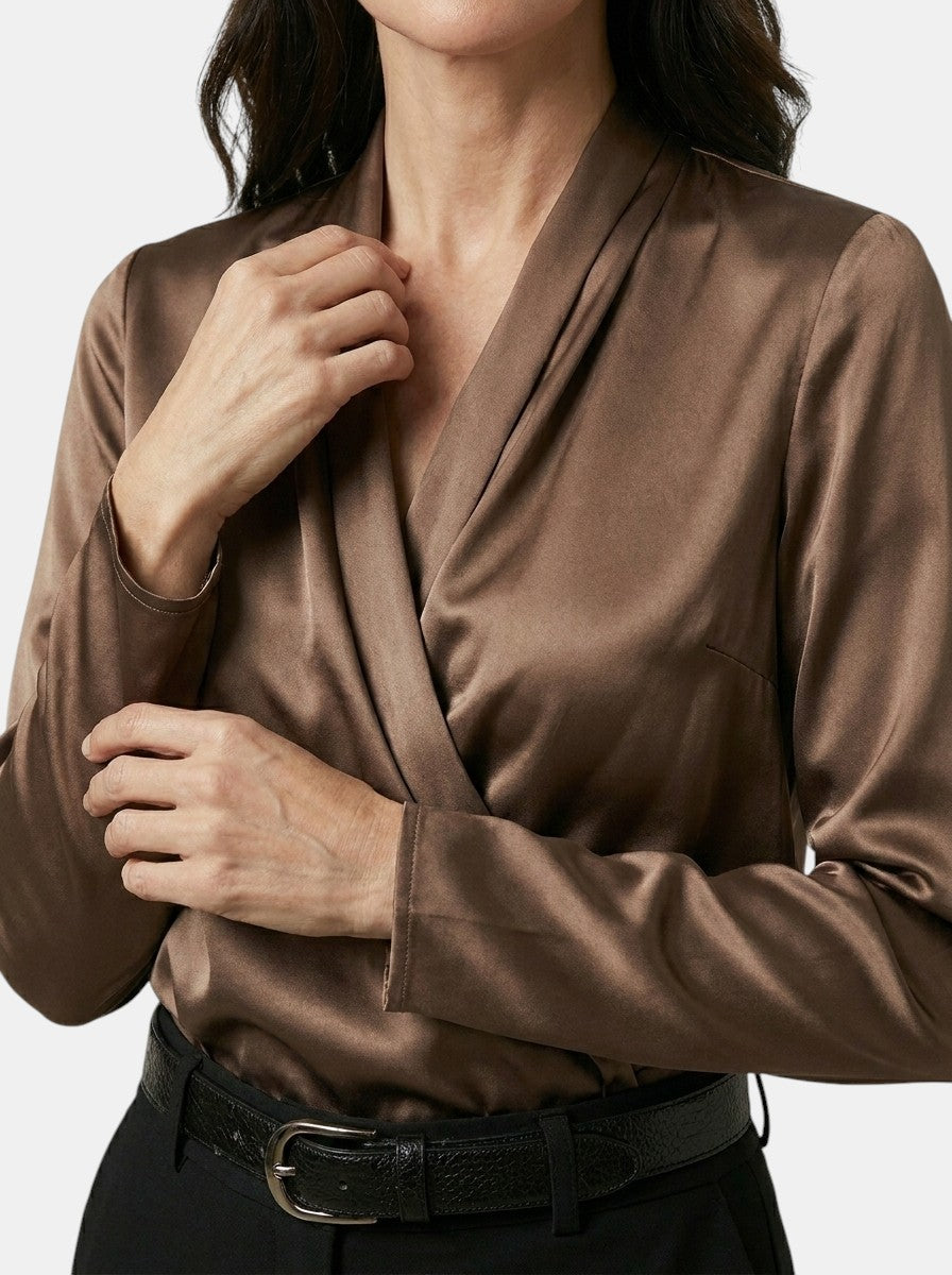 Womens High-Sheen Satin Blouse | Elegant Draped Crossover Long Sleeve Top 8