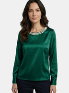 Womens High-Sheen Satin Blouse | Elegant Relaxed Bishop Sleeve Top 9