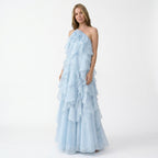 Vestido largo de mujer azul claro con volantes en capas | Elegante vestido de noche con cuello halter