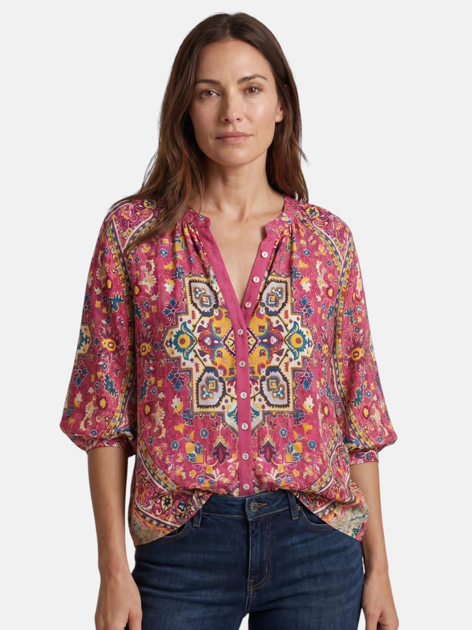 Blusa leggera da donna con stampa boho | Top estivo a maniche lunghe con scollo a V ampio