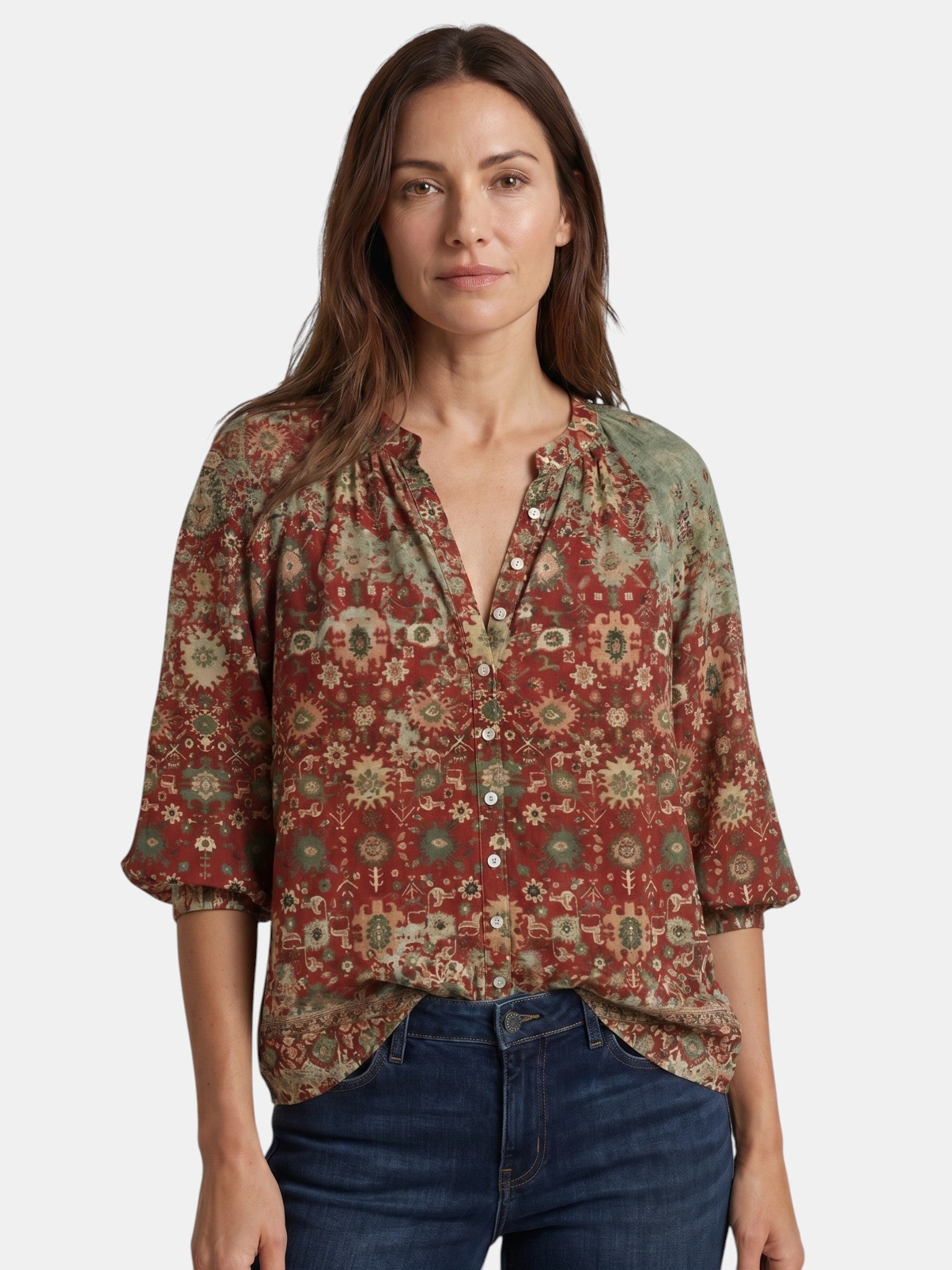 Blusa leggera da donna con stampa boho | Top estivo a maniche lunghe con scollo a V ampio