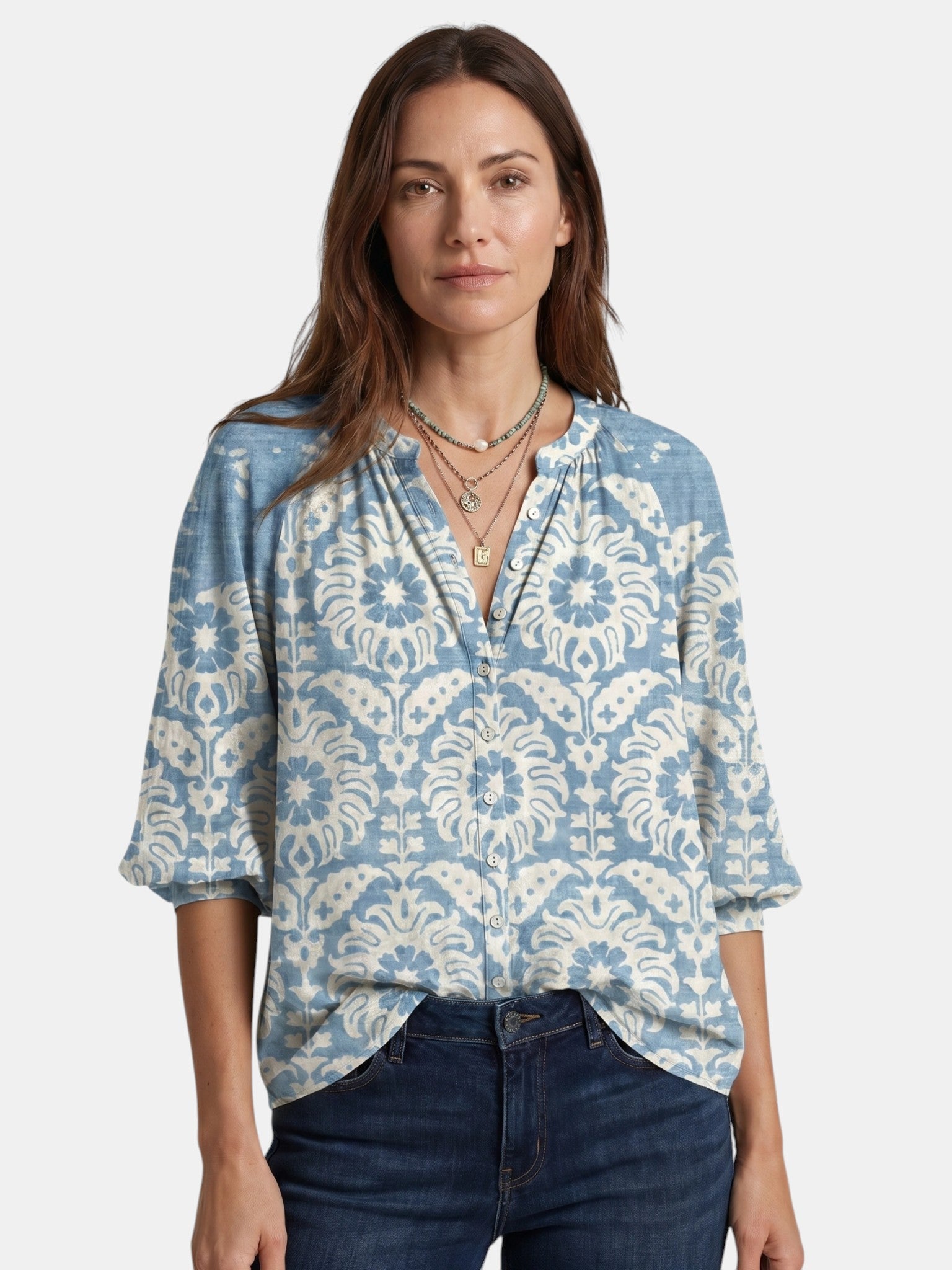 Blusa leggera da donna con stampa boho | Top estivo a maniche lunghe con scollo a V ampio