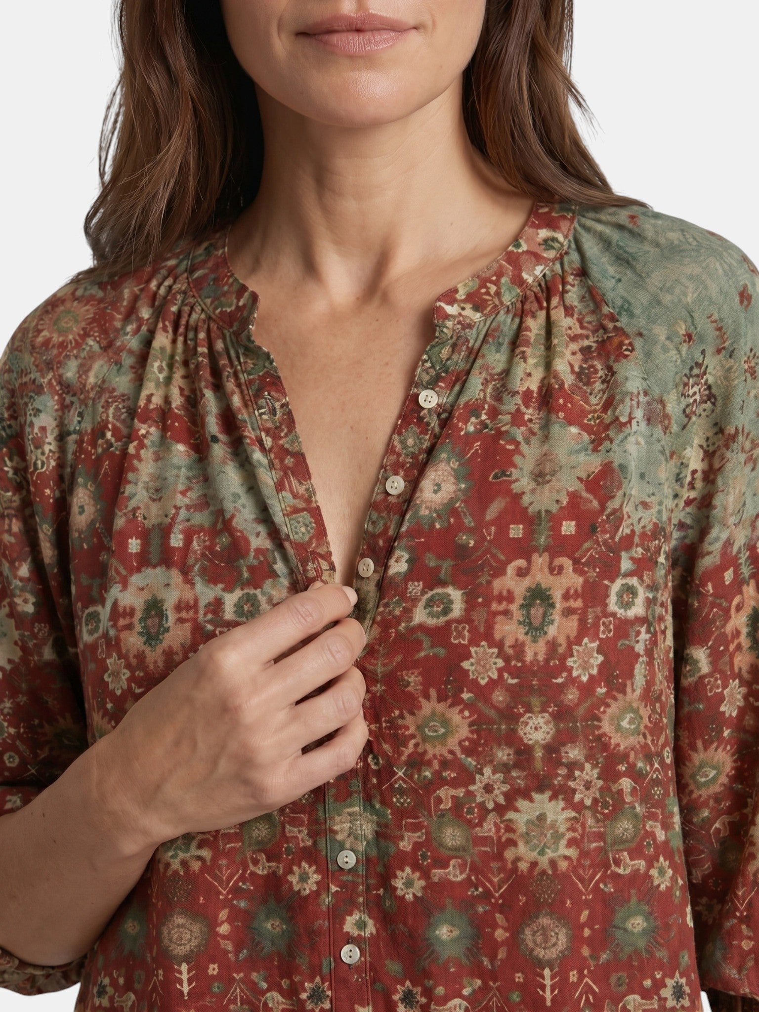 Blusa leggera da donna con stampa boho | Top estivo a maniche lunghe con scollo a V ampio