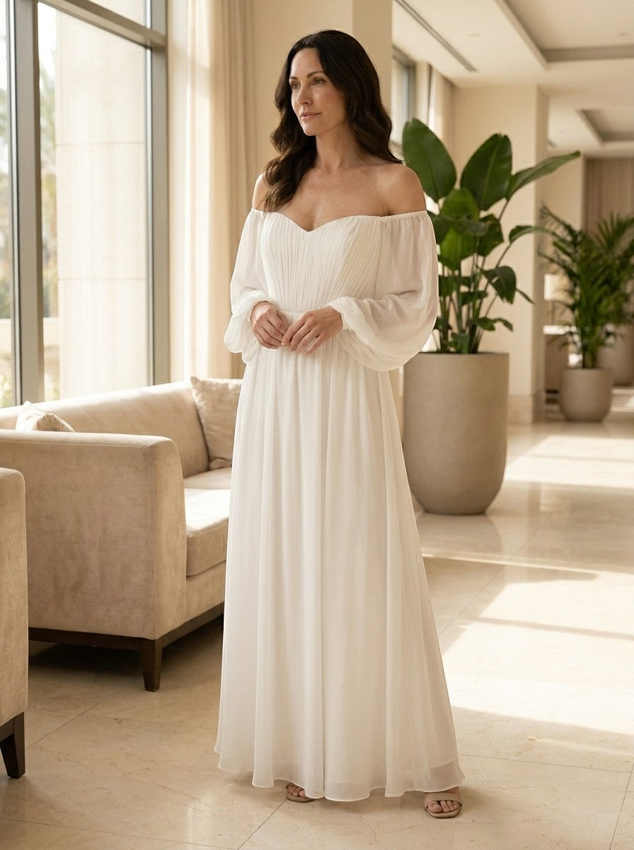 Womens Lightweight Chiffon Maxi Dress | Elegant Off-Shoulder A-Line Bridal Gown 1