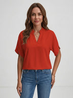 Women's Lightweight Fabric Blouse | Tailored V-Neck Summer Top with Playful Cap Sleeves