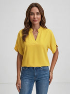 Women's Lightweight Fabric Blouse | Tailored V-Neck Summer Top with Playful Cap Sleeves