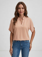 Women's Lightweight Fabric Blouse | Tailored V-Neck Summer Top with Playful Cap Sleeves