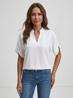 Women's Lightweight Fabric Blouse | Tailored V-Neck Summer Top with Playful Cap Sleeves