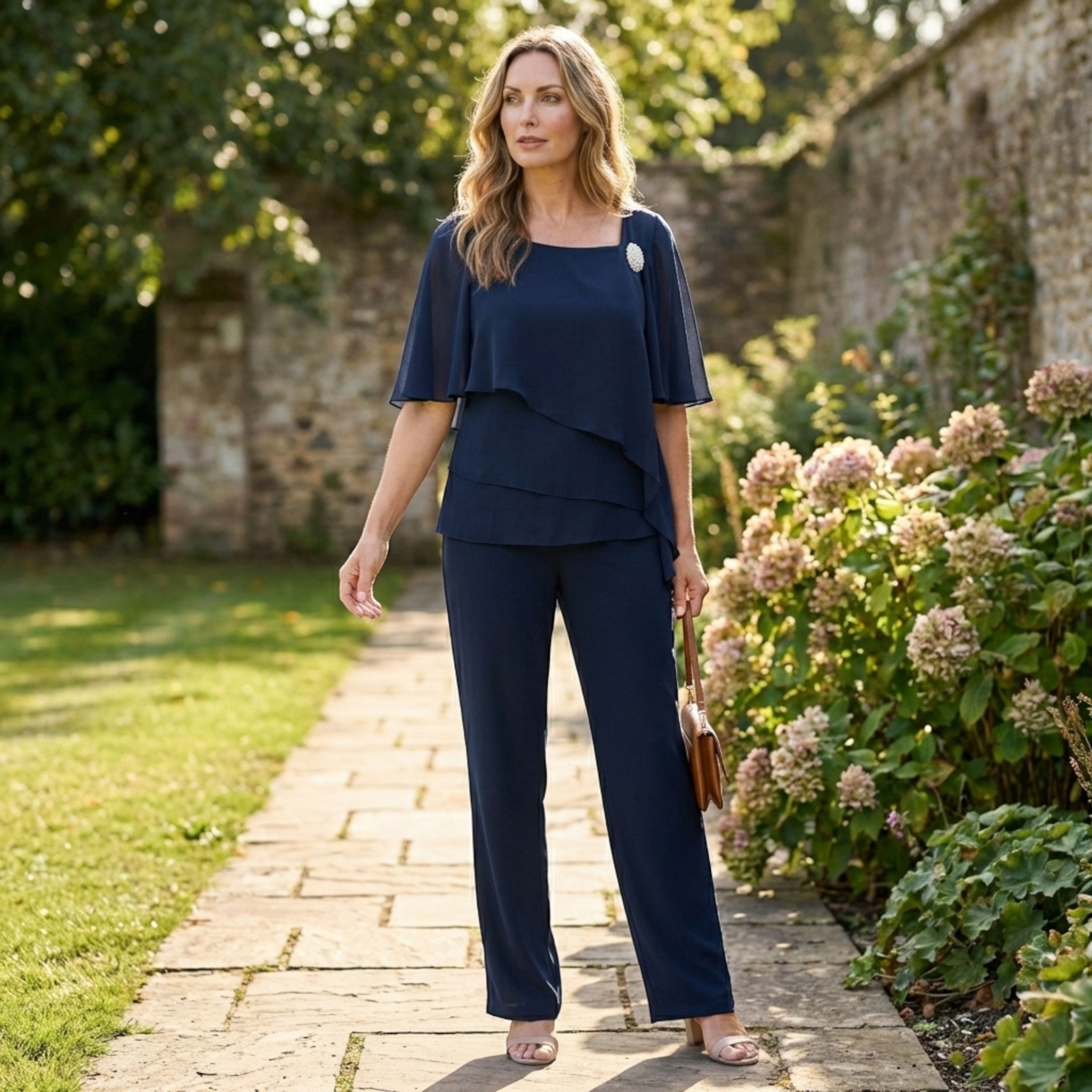 Womens Lightweight Navy Two-Piece Overlay Set | Elegant Formal Outfit with Loose Fit 2