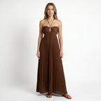 Vestido maxi plisado ligero para mujer | Elegante vestido de verano sin espalda con cuello halter