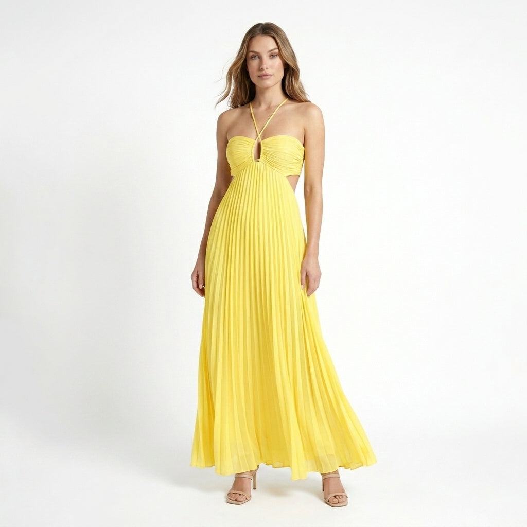 Womens Lightweight Pleated Maxi Dress | Elegant Halter Neck Backless Summer Gown 3