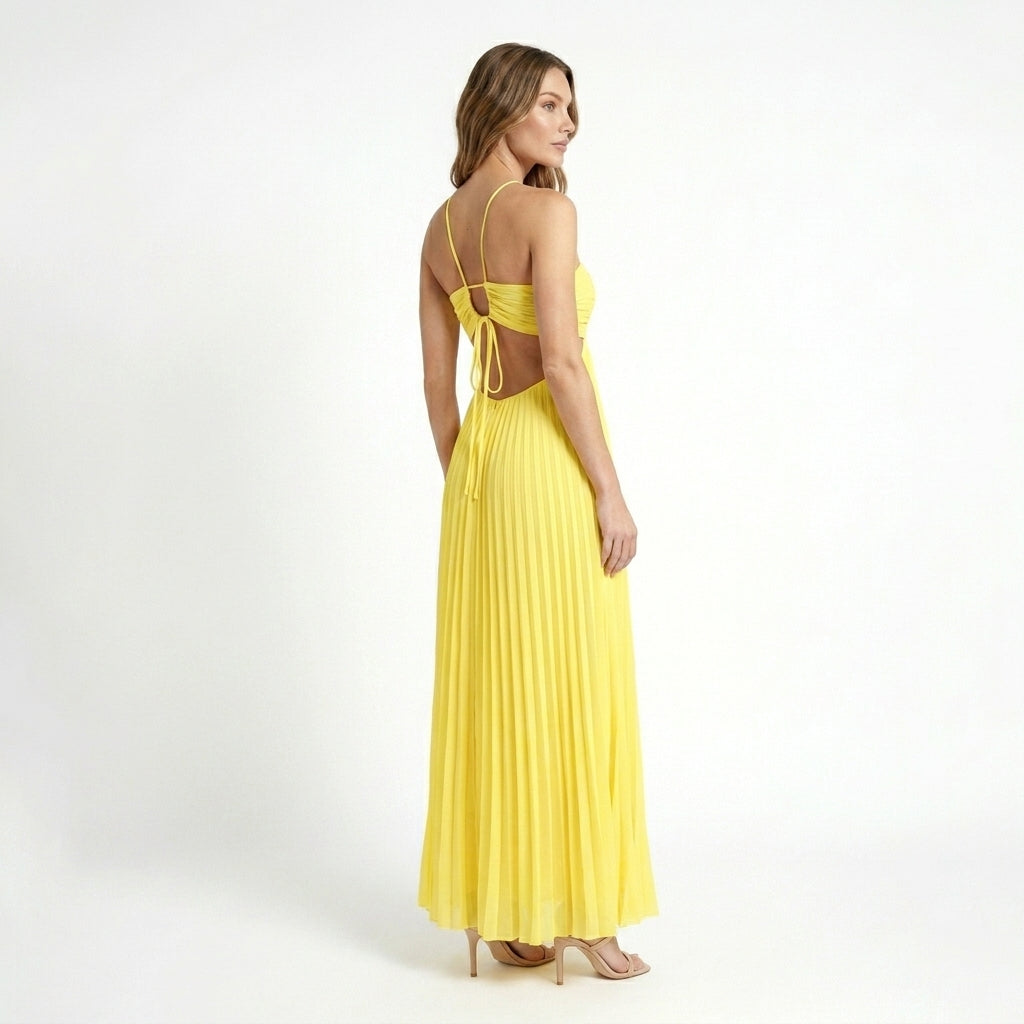 Womens Lightweight Pleated Maxi Dress | Elegant Halter Neck Backless Summer Gown 5