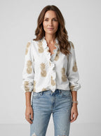 Women's Lightweight Soft Fabric Blouse | Romantic Ruffled Neckline Puff Sleeve Top