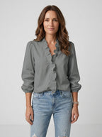 Women's Lightweight Soft Fabric Blouse | Romantic Ruffled Neckline Puff Sleeve Top