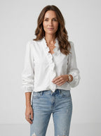 Women's Lightweight Soft Fabric Blouse | Romantic Ruffled Neckline Puff Sleeve Top