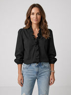 Women's Lightweight Soft Fabric Blouse | Romantic Ruffled Neckline Puff Sleeve Top