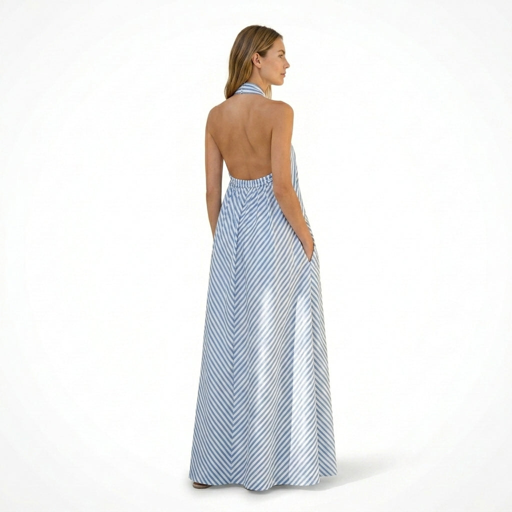 Womens Lightweight Striped Maxi Dress | Elegant Halter Neck Summer Gown 5