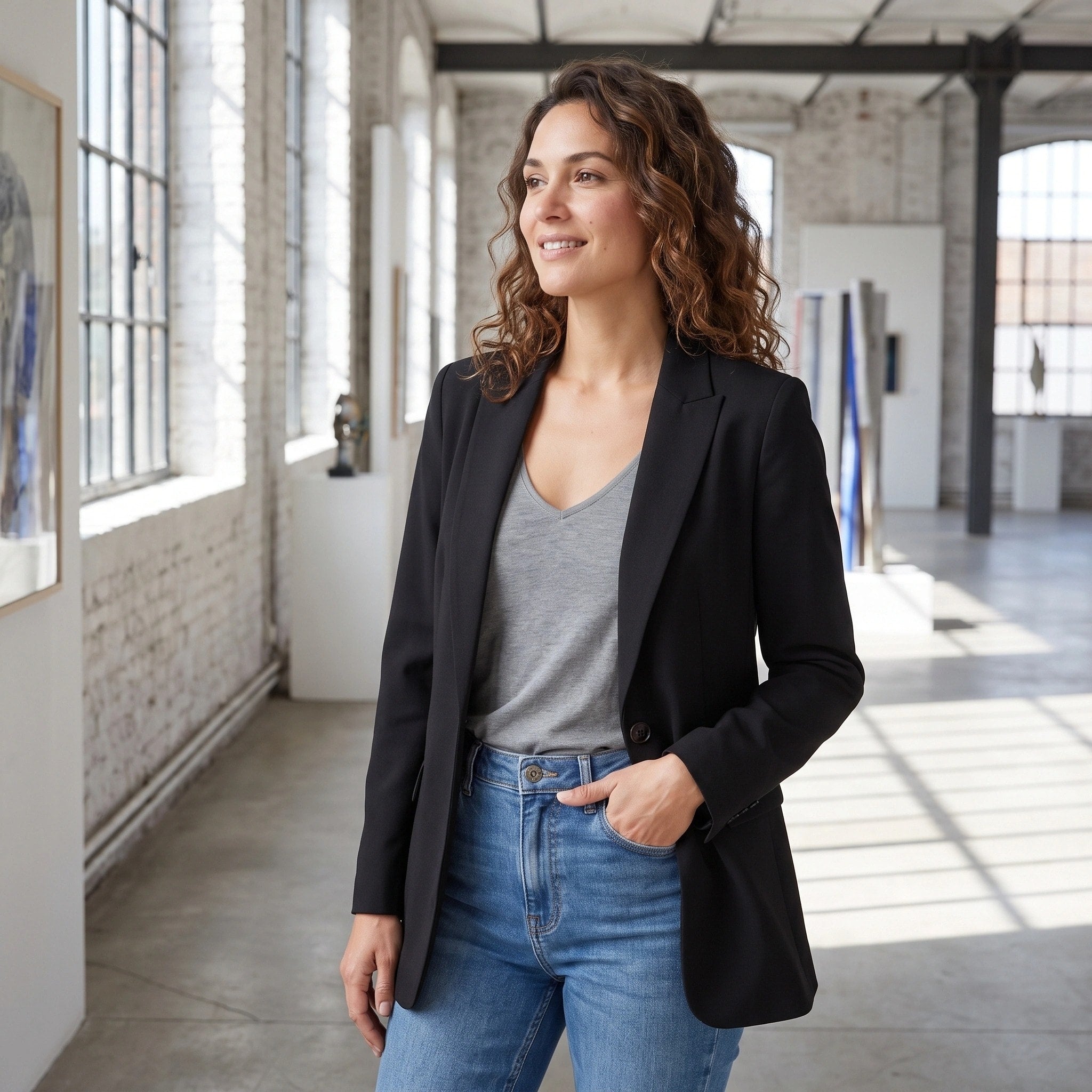 Blazer long pour femme à ouverture avant avec col à revers et coupe ajustée