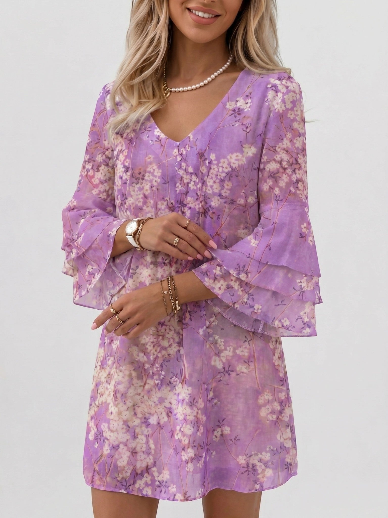Vestido corto para mujer con estampado de mármol | Vestido de verano suelto y fluido con mangas acampanadas