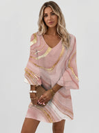 Vestido corto para mujer con estampado de mármol | Vestido de verano suelto y fluido con mangas acampanadas