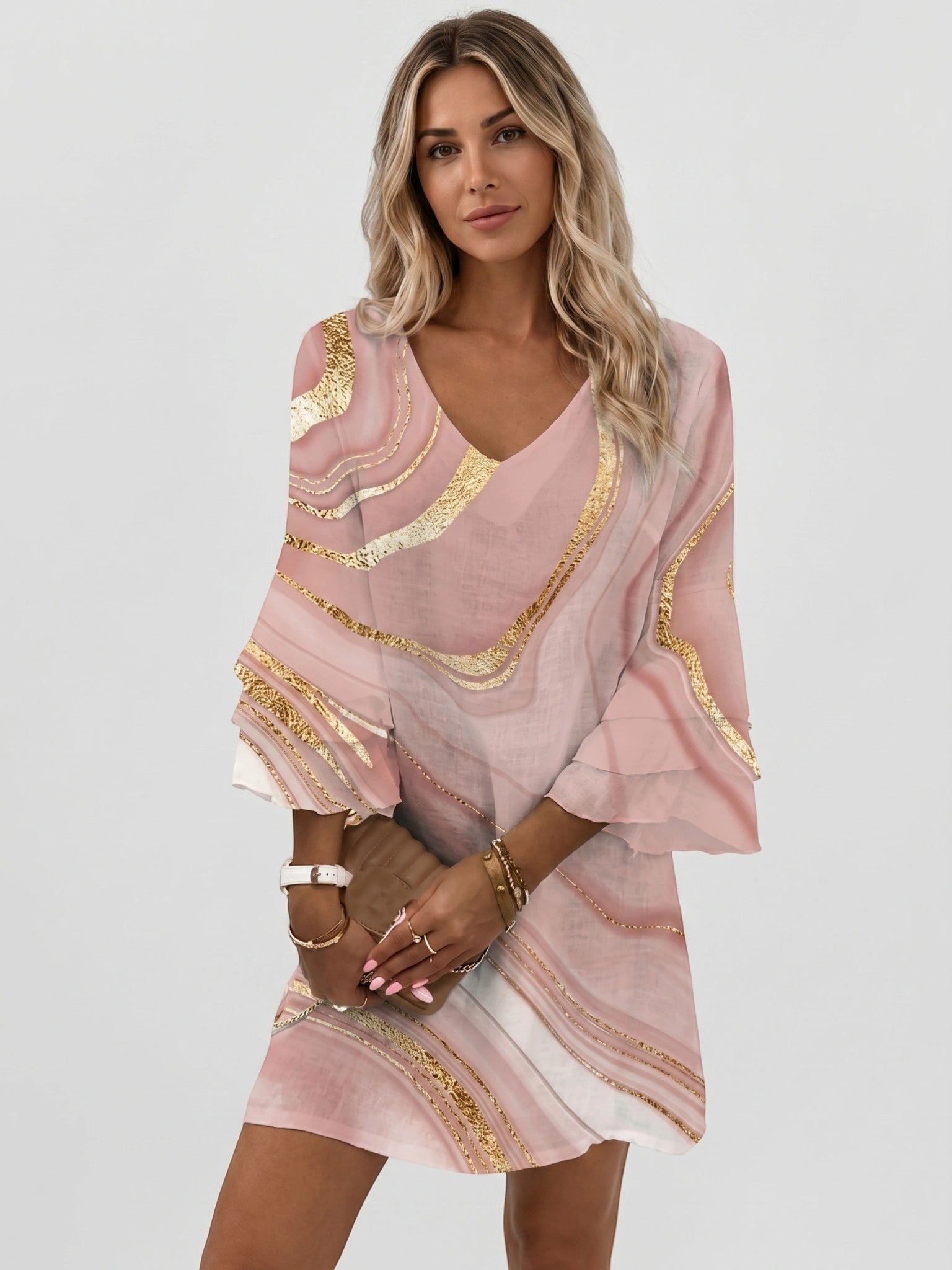 Vestido corto para mujer con estampado de mármol | Vestido de verano suelto y fluido con mangas acampanadas