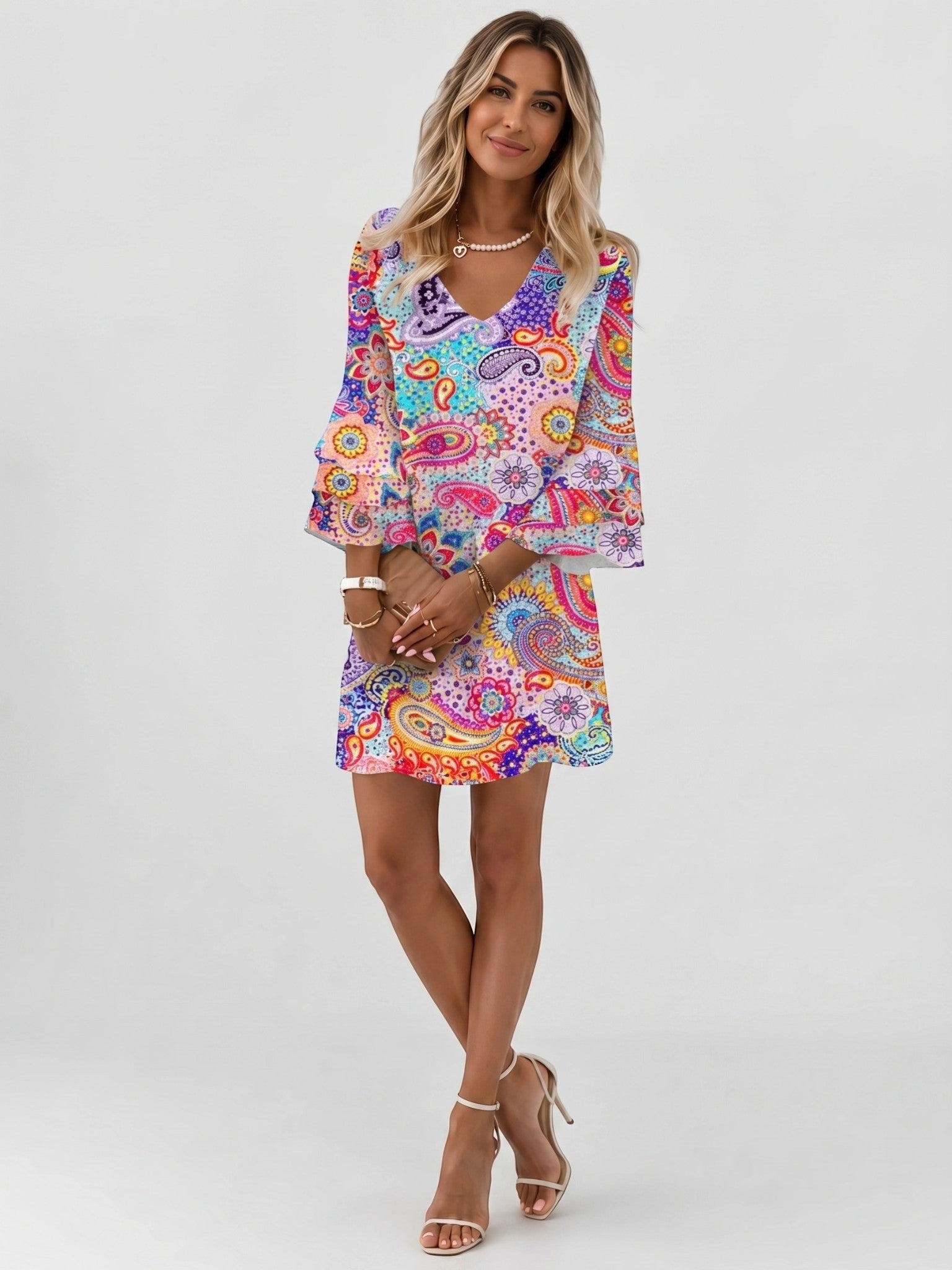 Vestido corto para mujer con estampado de mármol | Vestido de verano suelto y fluido con mangas acampanadas