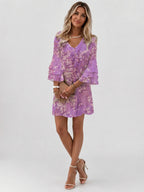 Vestido corto para mujer con estampado de mármol | Vestido de verano suelto y fluido con mangas acampanadas