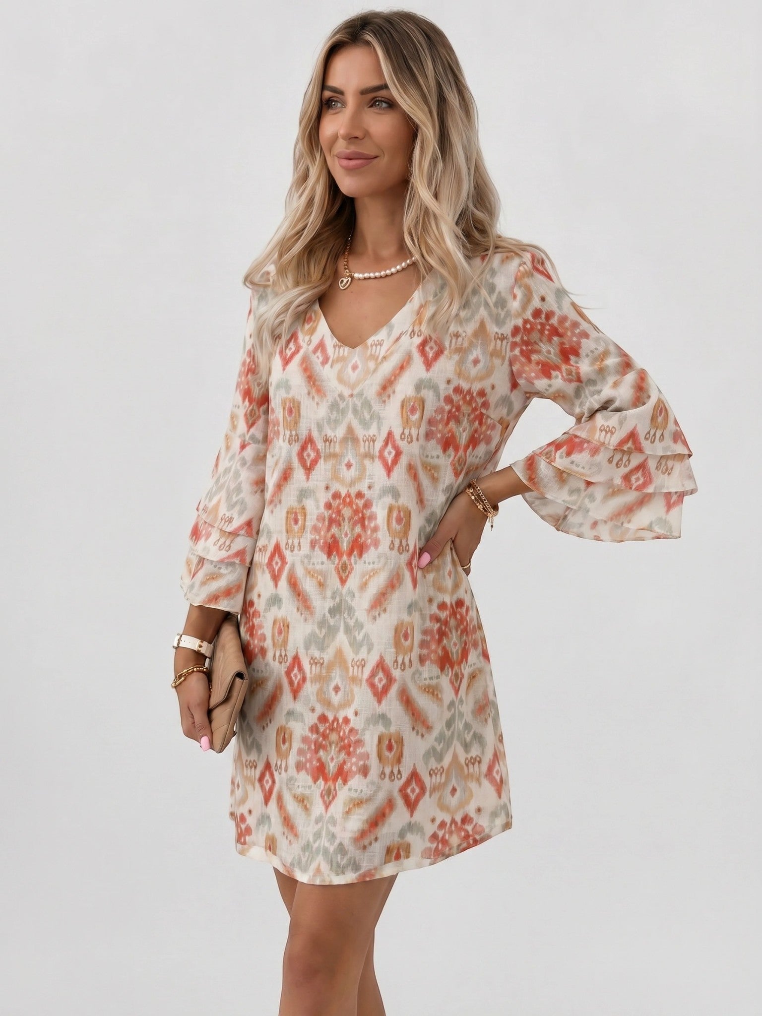 Vestido corto para mujer con estampado de mármol | Vestido de verano suelto y fluido con mangas acampanadas