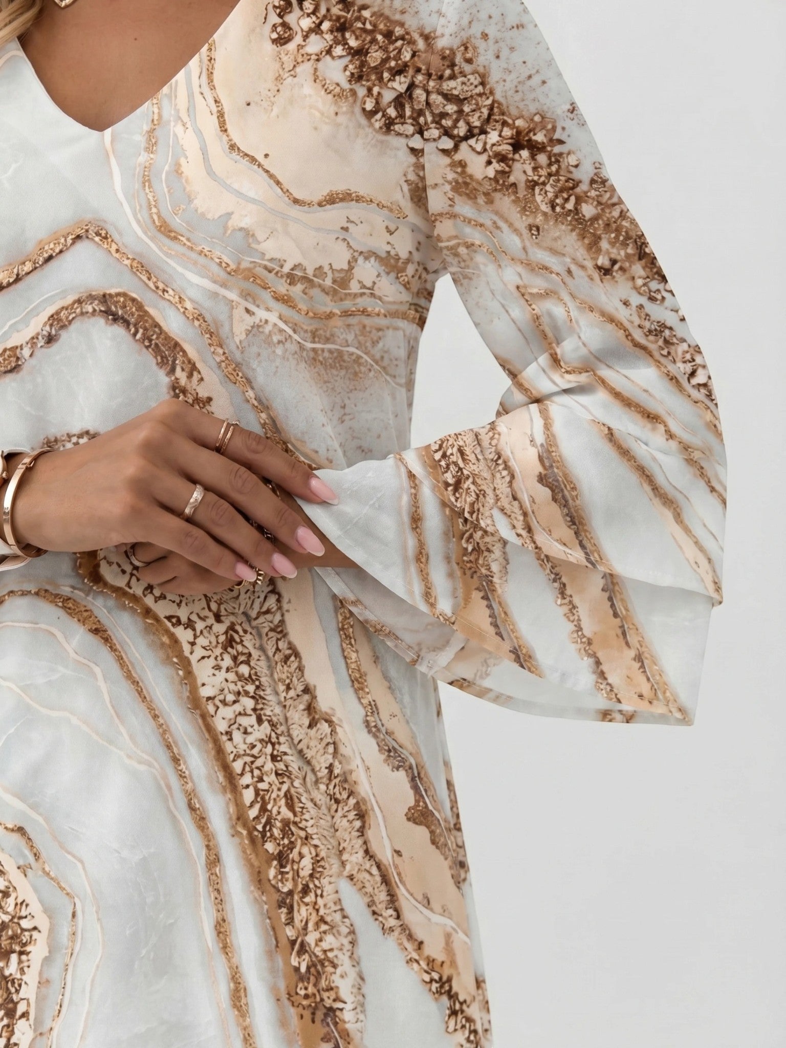Vestido corto para mujer con estampado de mármol | Vestido de verano suelto y fluido con mangas acampanadas