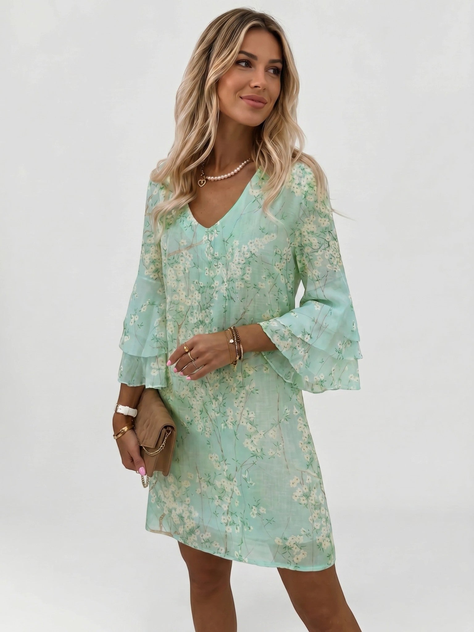 Vestido corto para mujer con estampado de mármol | Vestido de verano suelto y fluido con mangas acampanadas