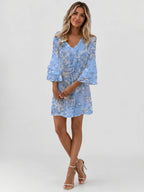 Vestido corto para mujer con estampado de mármol | Vestido de verano suelto y fluido con mangas acampanadas