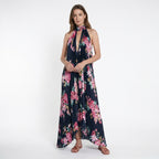 Vestido maxi estampado multicolor para mujer | Elegante vestido plisado con cuello halter