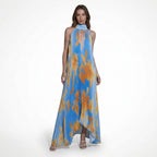 Vestido maxi estampado multicolor para mujer | Elegante vestido plisado con cuello halter