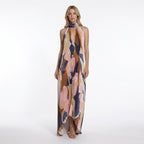 Vestido maxi estampado multicolor para mujer | Elegante vestido plisado con cuello halter