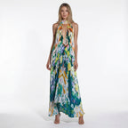 Vestido maxi estampado multicolor para mujer | Elegante vestido plisado con cuello halter