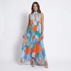 Vestido maxi estampado multicolor para mujer | Elegante vestido plisado con cuello halter