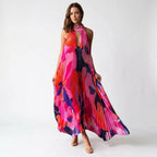 Vestido maxi estampado multicolor para mujer | Elegante vestido plisado con cuello halter