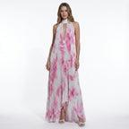 Vestido maxi estampado multicolor para mujer | Elegante vestido plisado con cuello halter