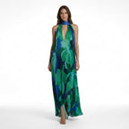 Vestido maxi estampado multicolor para mujer | Elegante vestido plisado con cuello halter