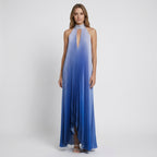 Vestido maxi estampado multicolor para mujer | Elegante vestido plisado con cuello halter