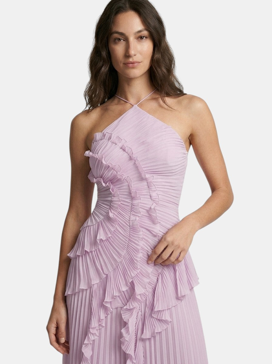 Women's Pleated Fabric Maxi Dress | Elegant Halter Neck Ruffled Summer Gown