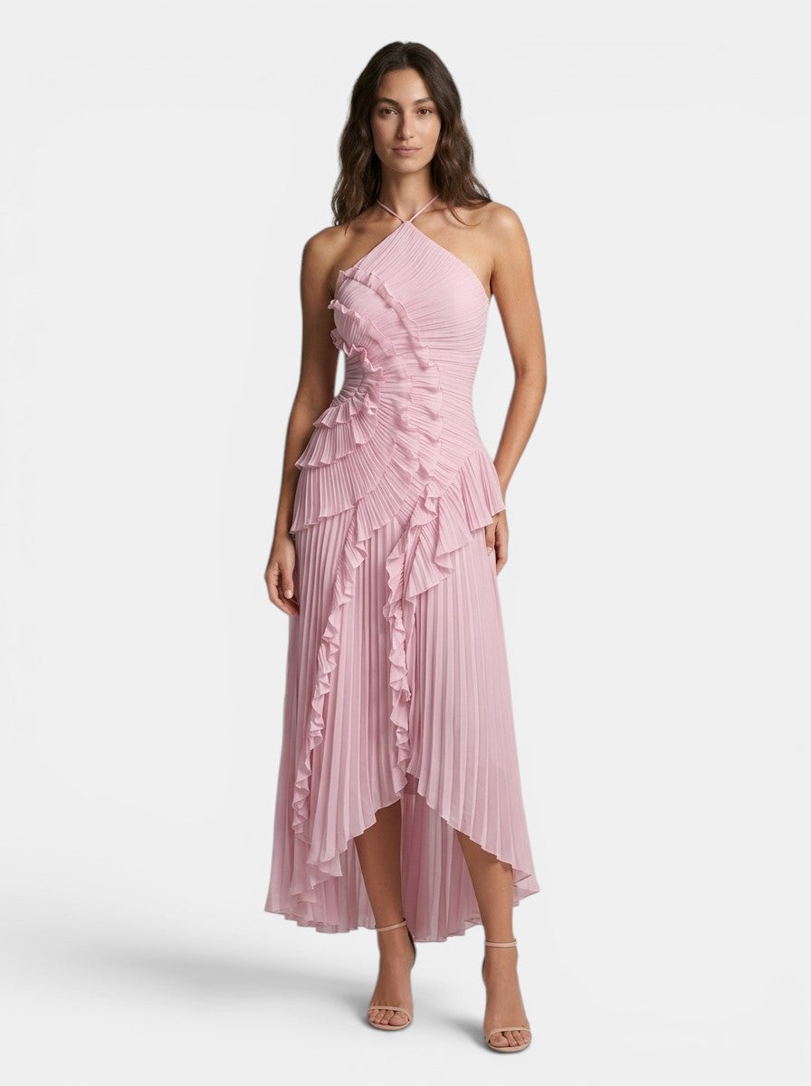 Women's Pleated Fabric Maxi Dress | Elegant Halter Neck Ruffled Summer Gown