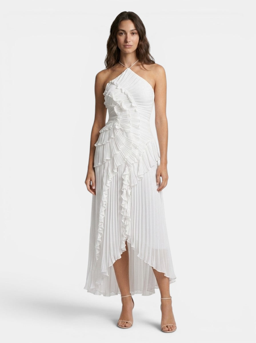 Women's Pleated Fabric Maxi Dress | Elegant Halter Neck Ruffled Summer Gown