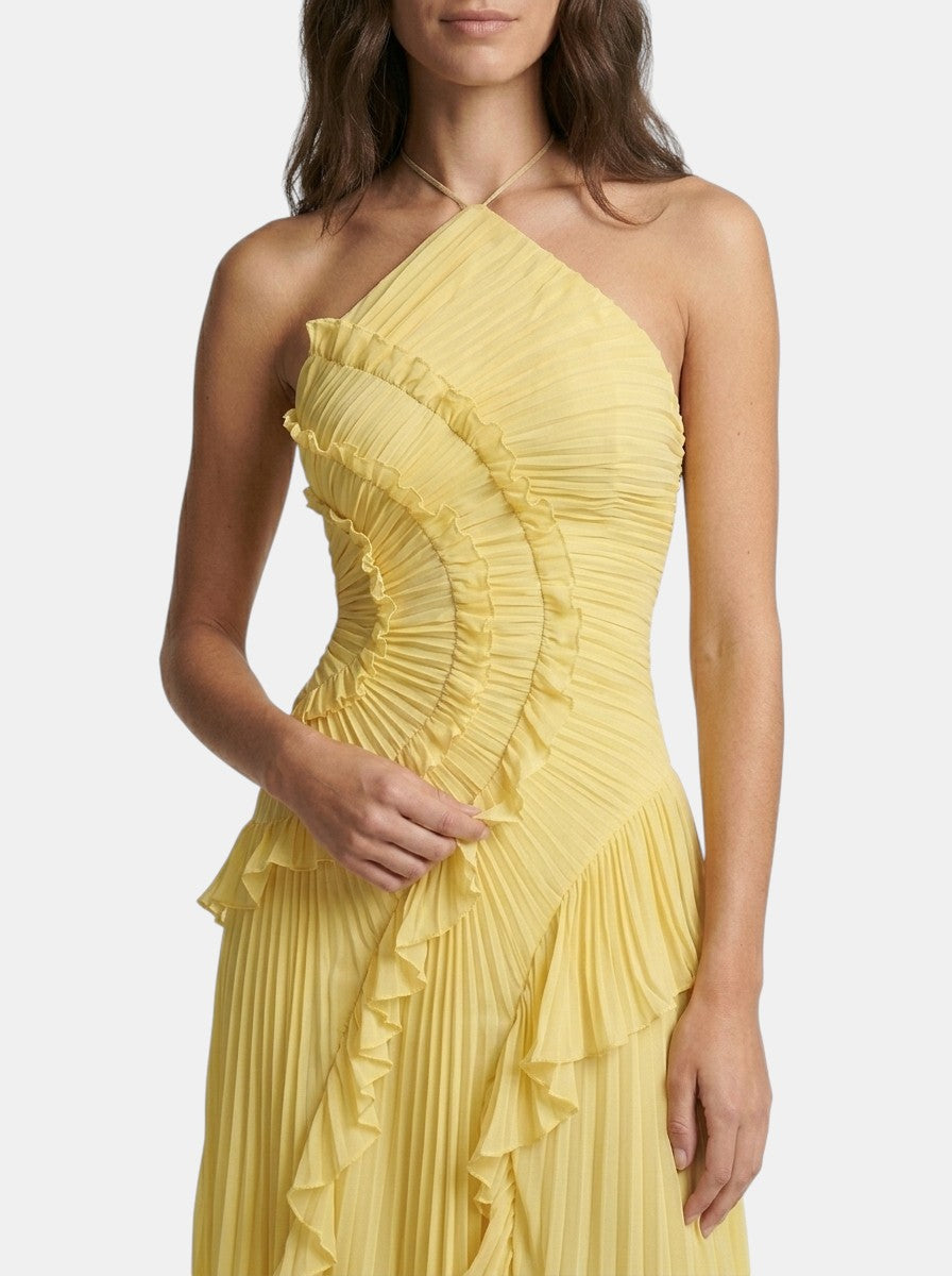 Women's Pleated Fabric Maxi Dress | Elegant Halter Neck Ruffled Summer Gown
