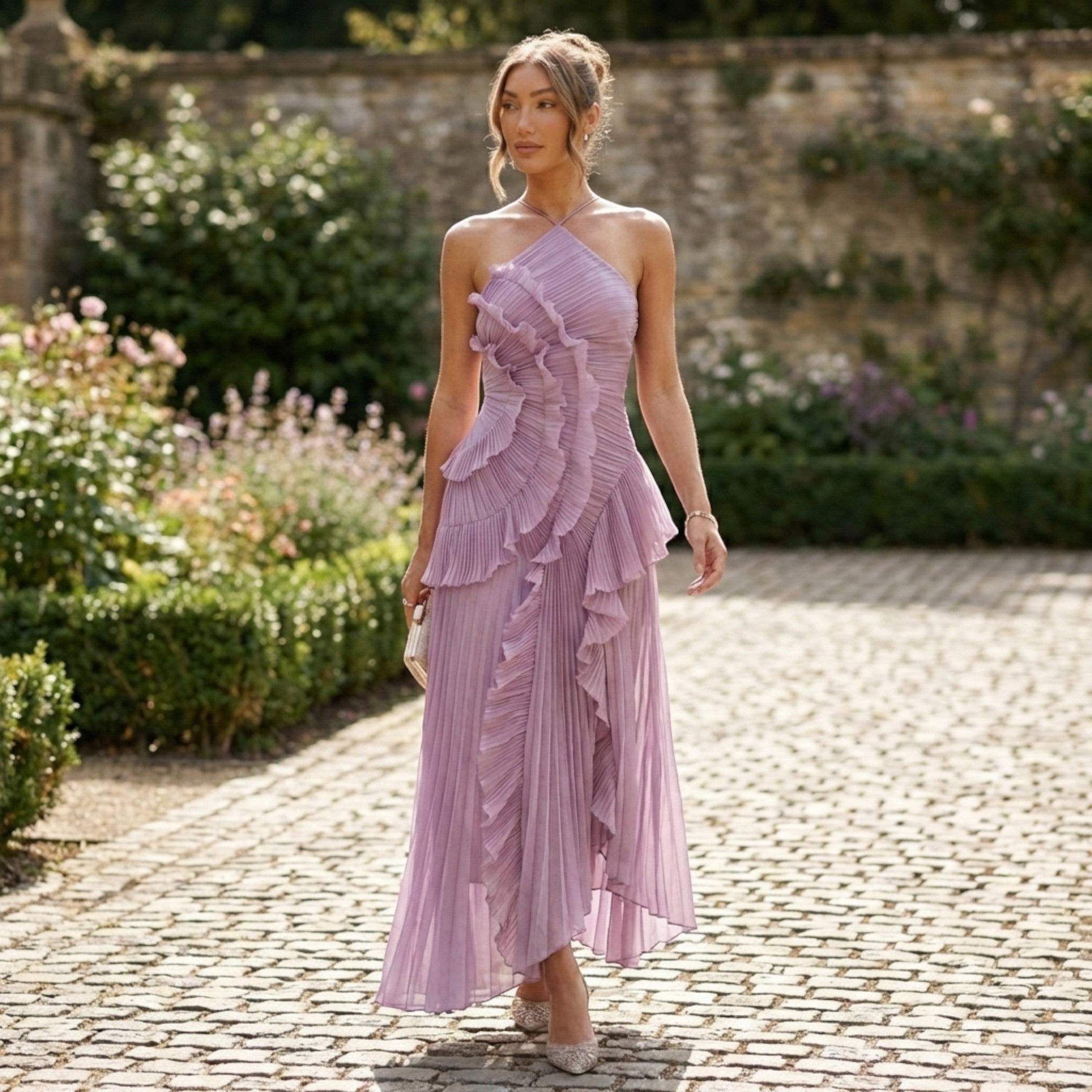 Women's Pleated Fabric Maxi Dress | Elegant Halter Neck Ruffled Summer Women's Pleated Fabric Maxi Dress | Elegant Halter Neck Ruffled Summer