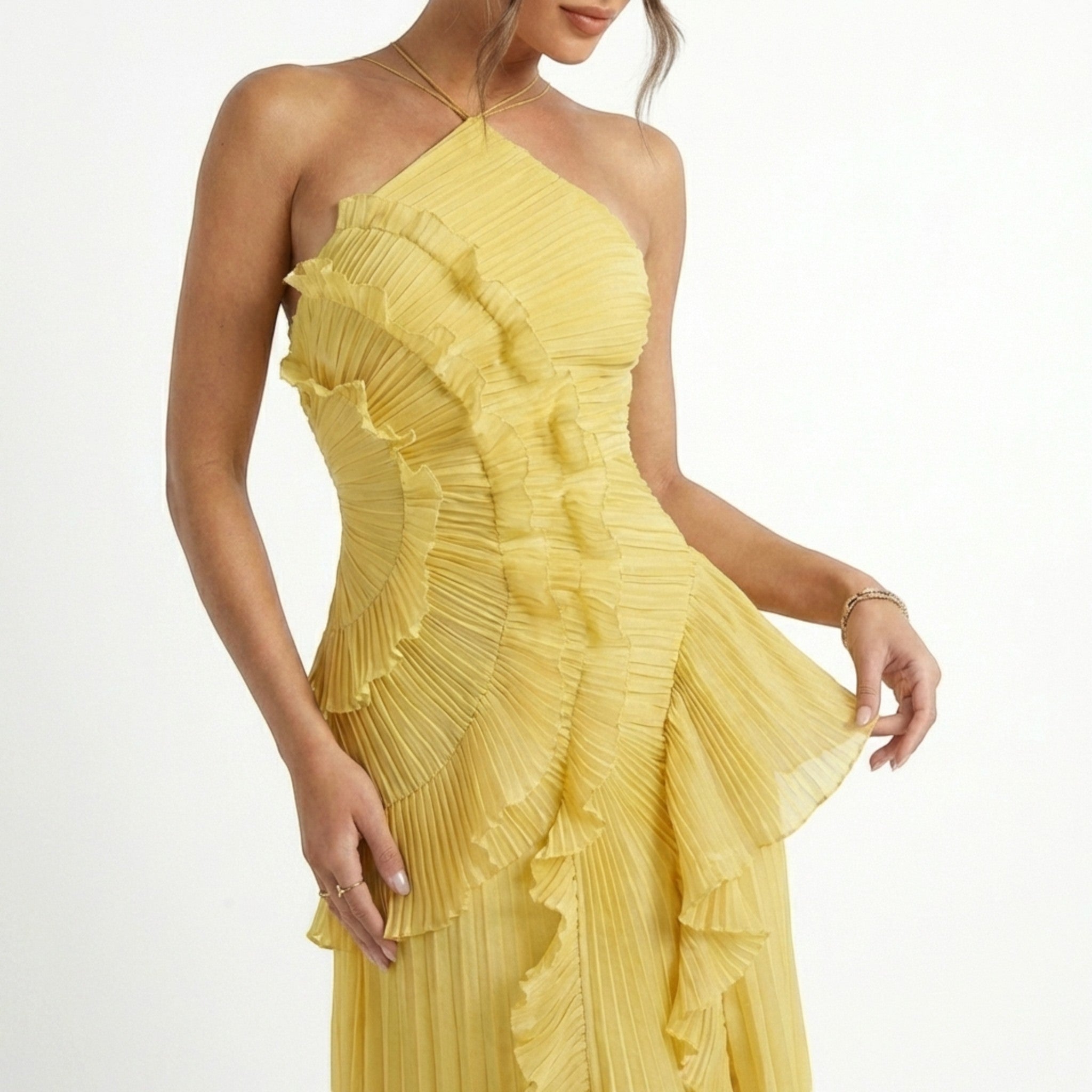 Womens Pleated Fabric Maxi Dress | Elegant Halter Neck Ruffled Summer Gown 9