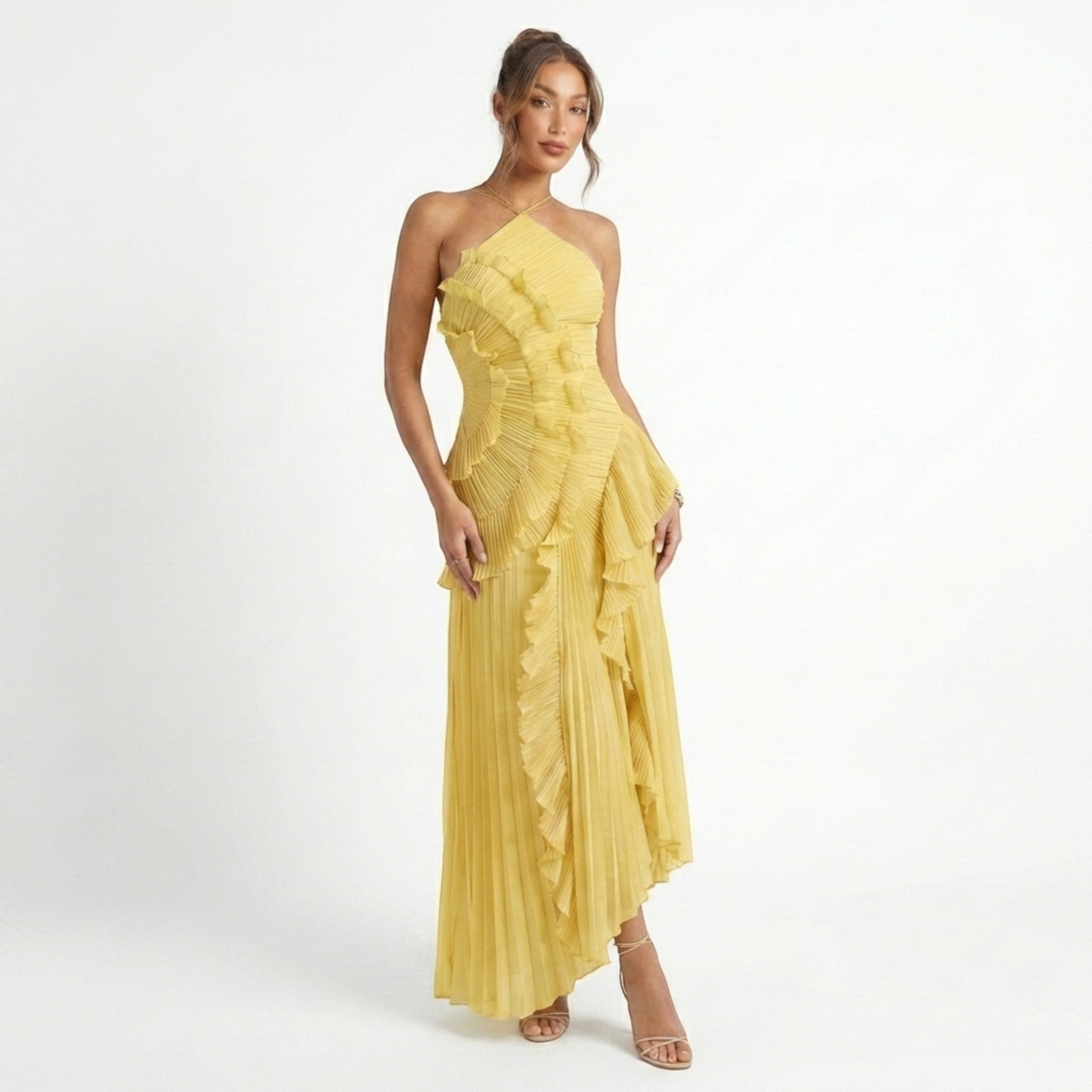 Womens Pleated Fabric Maxi Dress | Elegant Halter Neck Ruffled Summer Gown 6